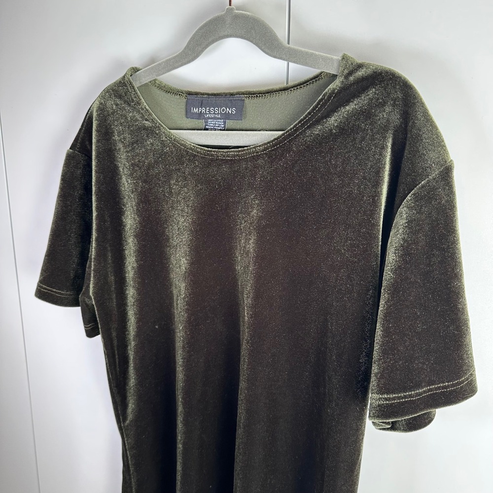 VTG Impressions Lifestyle Velvet Shirt Womens M Short Sleeve Olive Green 90s Y2K - Picture 2 of 7